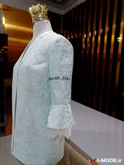 خرید کت مجلسی ژاکارد زنانه آبی شیک مدل بهناز مانتو مجلسی شیک