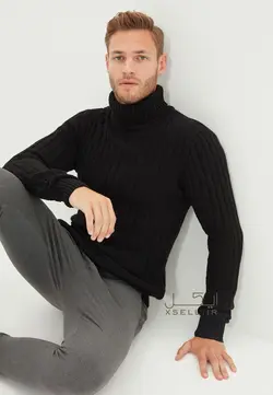 ژاکت ترندیول مدل بافت یقه اسکی رنگ مشکی