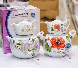 کتری قوری لعابی شیردار گلدار MRS