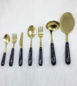 قاشق چنگال کفگیر ملاقه طلایی ماربل مشکی