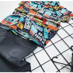 ست پیراهن هاوایی پسرانه و شلوارک طرح لوگو کد 5815