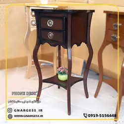 میز تلفن چوبی خمره ایی مدل 2 کشو دستگیره سنتی