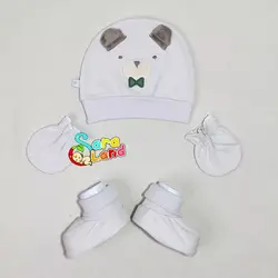 ست کلاه و دستکش و پاپوش نوزادی طرح خرس و پاپیون