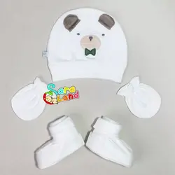 ست کلاه و دستکش و پاپوش نوزادی طرح خرس و پاپیون