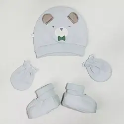 ست کلاه و دستکش و پاپوش نوزادی طرح خرس و پاپیون