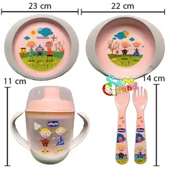سرویس غذاخوری نوزاد 5 تکه Cihcco استپ دار طرح کودکان صورتی