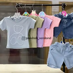 ست بلوز و شلوارک جین نوزاد طرح خرس رنگی