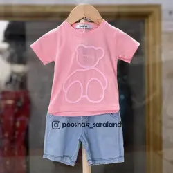 ست بلوز و شلوارک جین نوزاد طرح خرس رنگی