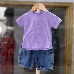 ست بلوز و شلوارک جین نوزاد طرح خرس رنگی