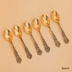 قاشق چایی خوری برنجی هندی مدل نرگس ست 6 عددی