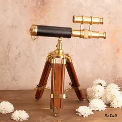 تلسکوپ برنجی طلایی سه پایه چوبی