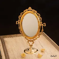 آینه برنجی هندی طلایی پایه دار بیضی