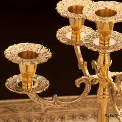 شمعدان جفت برنجی و طلایی پنج شعله مدل گل