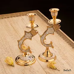 شمعدان جفت برنجی و صدف ماهی