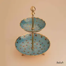 شیرینی خوری برنجی میناکاری سه پایه دو طبقه طرح تاج