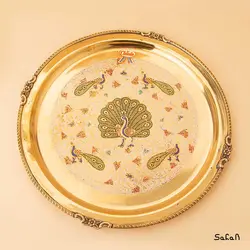 سینی برنجی هندی طلایی طرح طاووس سایز 2