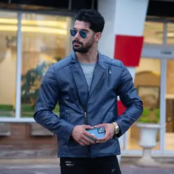 کاپشن چرم زیپ کج سرمه‌ای کد 17542