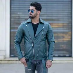 کاپشن چرم کمربند دار کد 18159