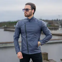 کاپشن چرم مردانه سرمه ای کد 18983