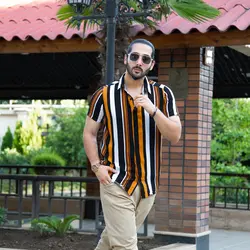 پیراهن مردانه راه راه مشکی خردلی کد 8738