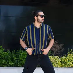 پیراهن مردانه راه راه سبز کد 8355