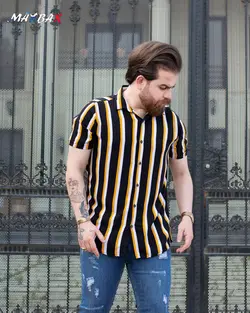 پیراهن مردانه راه راه خردلی کد 8168