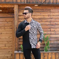 پیراهن مردانه طرح دار مشکی کد 8113