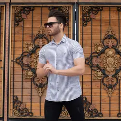 پیراهن آستین کوتاه راه راه POLO خاکستری