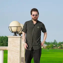 پیراهن مردانه راه راه AC مشکی زیتونی