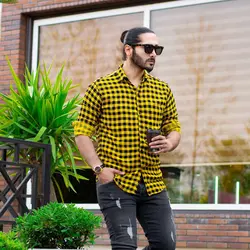 پیراهن مردانه چهارخانه مشکی زرد