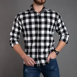 پیراهن پشمی مردانه چهارخانه مشکی سفید