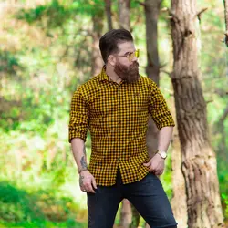 پیراهن پشمی چهارخانه ریز خردلی