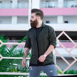 پیراهن پشمی چهارخانه ریز زیتونی_کد 3951