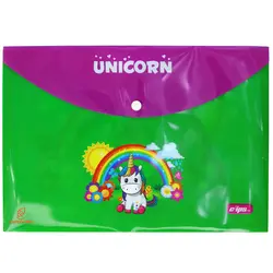 پوشه دکمه دار A4 طرح یونی کورن و خورشید زمینه سبز 1452 کلیپس - مجد مارکت