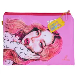 پوشه پارچه ای فانتزی زیپ دار A4 طرح دختر صورتی 3067 سویل - مجد مارکت
