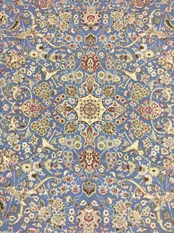 فرش خاطره کویر کاشان 1500 شانه طرح گل افشان زمینه آبی