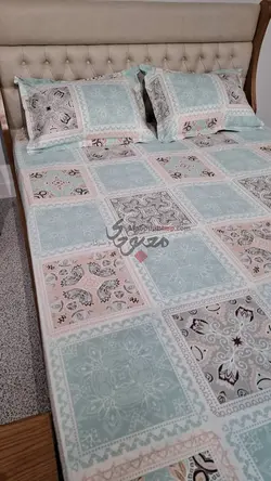 نیم ست روتختی دونفره و روبالشی نخ کتان مدل چهل تکه - کالای خواب معبودی