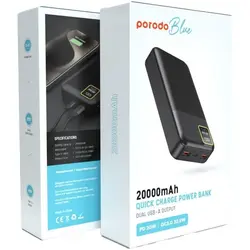 پاوربانک 20000mAH فست  Porodo Blue LCD 22.5w PD&QC pb054