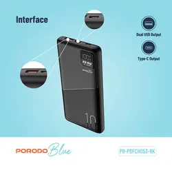 پاوربانک 10000mAH فستPorodo Blue LCD 22.5w PD&QC Pb053