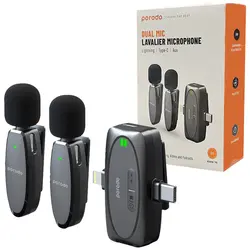 میکروفن یقه ای بیسیم شارژی Porodo Dual mic lavalier microphone type C-lightning,aux-گارانتی