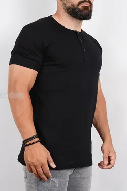 تیشرت یقه گرد دکمه دار مردانه مشکی 2773