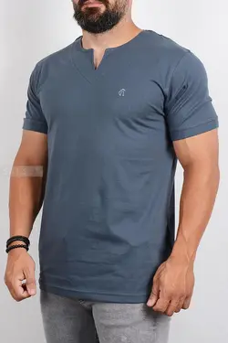 تیشرت مردانه یقه کوبایی طوسی‌تیره 2771