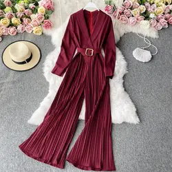 ست لباس سرهم با شلوار پلیسه همراه با کمربند