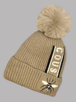 کلاه بافتنی کرم پوم دار طرح زنبور کد 8096