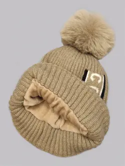 کلاه بافتنی کرم پوم دار طرح زنبور کد 8096