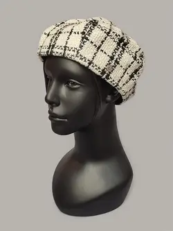 کلاه برت کتان طرح چهارخونه سفید کد 9398