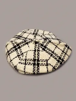 کلاه برت کتان طرح چهارخونه سفید کد 9398