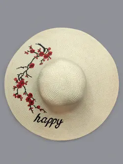کلاه ساحلی رنگ نباتی طرح گل happy لبه 13 سانتی کد 2865