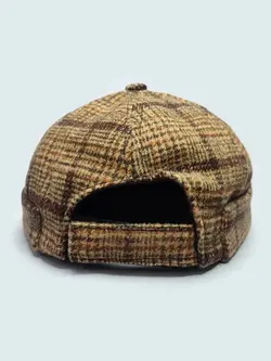 کلاه لئونی کتان پشمی چهارخونه کرم قهوه ای کد 8055