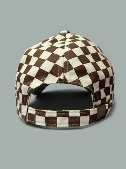 کلاه کپ کتان شطرنجی سفید قهوه ای خاص کد 5135